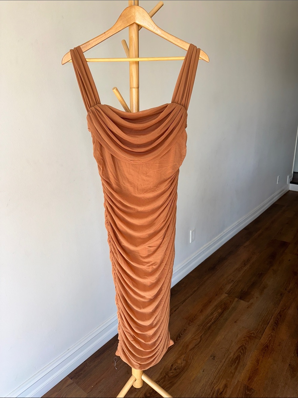 Draped Ruched Midi Dress in Rust Brown